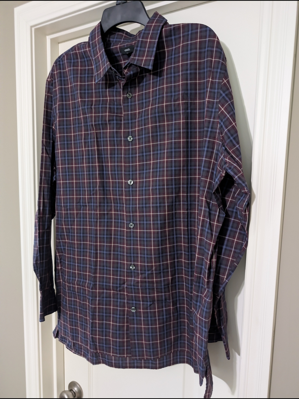 Vince Burgundy and Navy Plaid Long-Sleeve Button-Down Shirt
